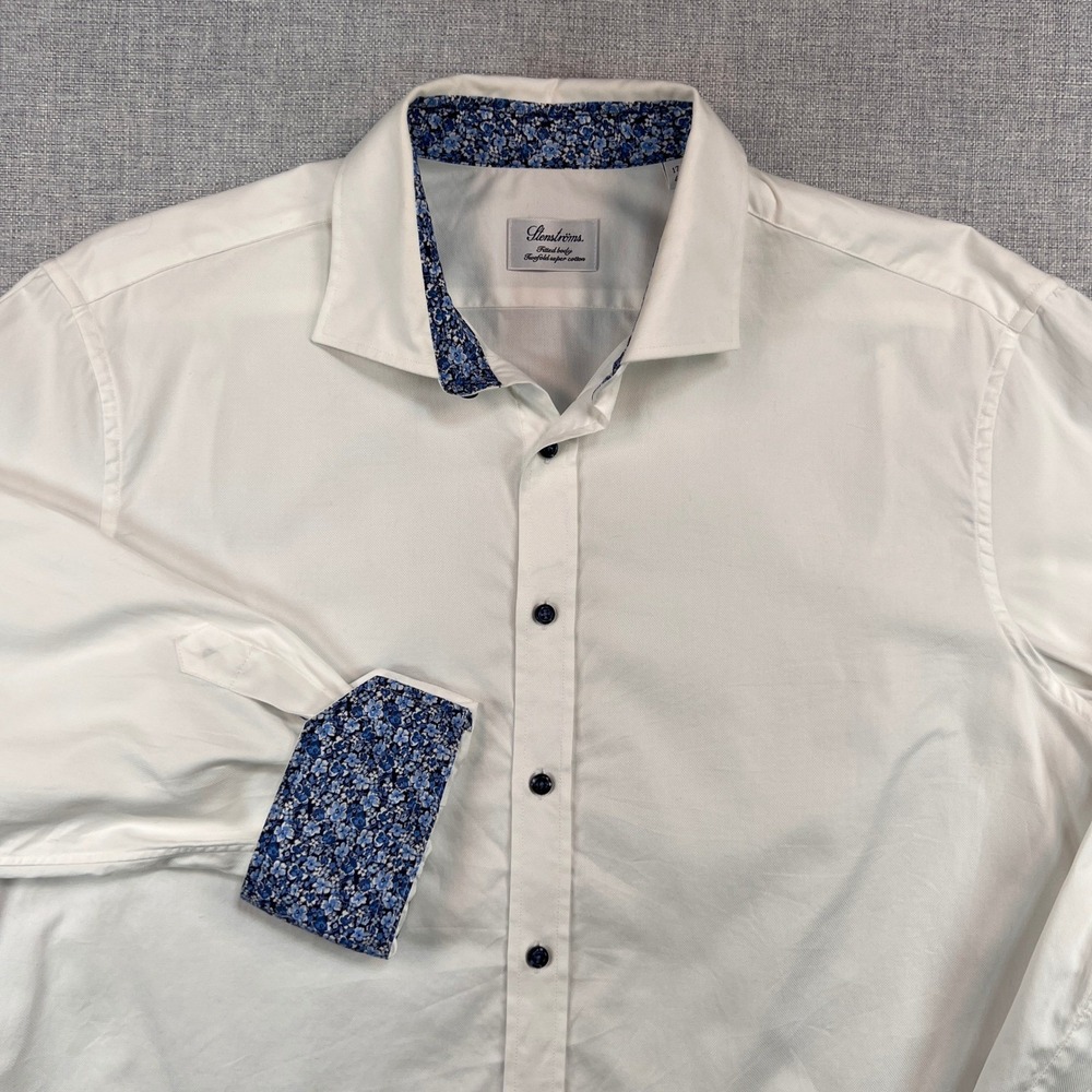 Stenstroms Fitted Body Dress Shirt Men 17 43 White Twofold Luxury Floral Cuffs